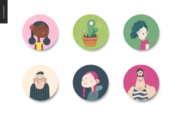 Bright characters portraits set - round avatars — Stock Vector
