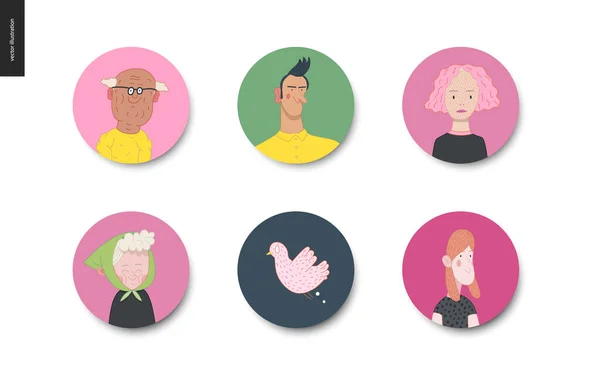 Ensemble de portraits de personnages lumineux - avatars ronds — Image vectorielle