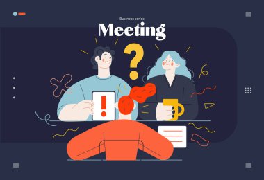 İş konuları - toplantı, web şablonu, başlık. Düz stil modern taslak vektör çizimi. İnsanlar bir projeyi tartışıyor. Tablet, soru ve ünlem işaretleri, SSS. İş benzetmesi