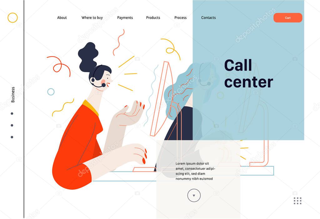 Business topics -call center, web template. Flat style modern outlined vector concept illustration. Two young women at the computers wearing headsets talking to the clients by phone. Business metaphor