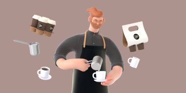 Kahve dükkanı 3D render - barista - modern konsept sakallı kızıl saçlı genç bir adamın kahve bardağına çırpılmış süt döktüğünün dijital çizimi. Yaratıcı iniş web sayfası başlığı