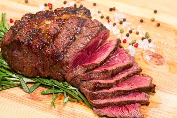 Cooked Meat Steak Wooden Board — Stock Photo, Image