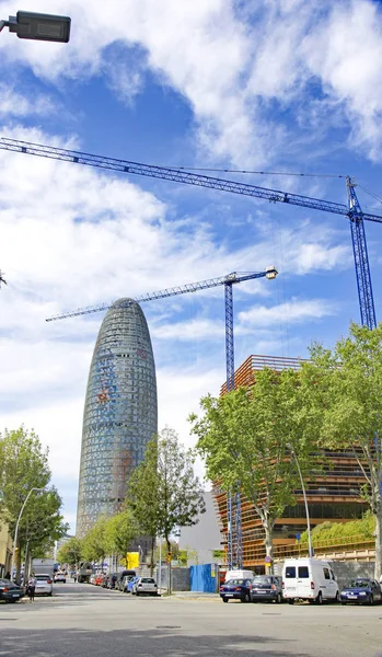 Torre Agbar Guindastes Les Glories Maio 2016 Barcelona Catalunha Espanha — Fotografia de Stock