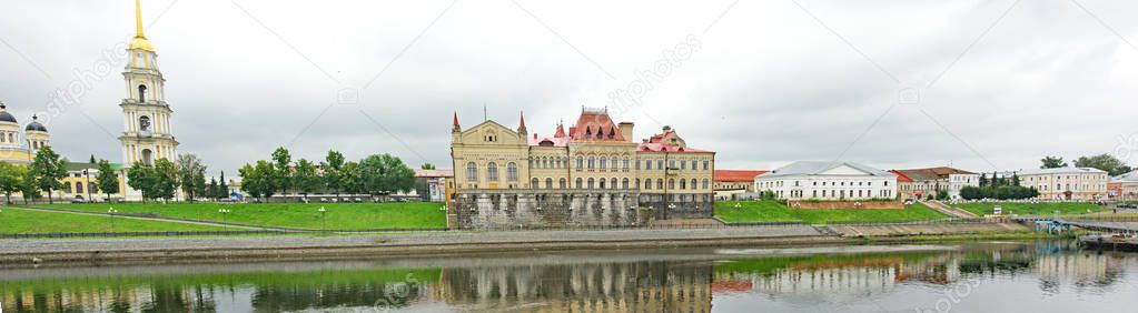 buildings and palaces on the banks of the Volga River as it passes through Rybinsk, 12:30 p.m .; August 25, 2015; Yaroslavl Oblast, Russia