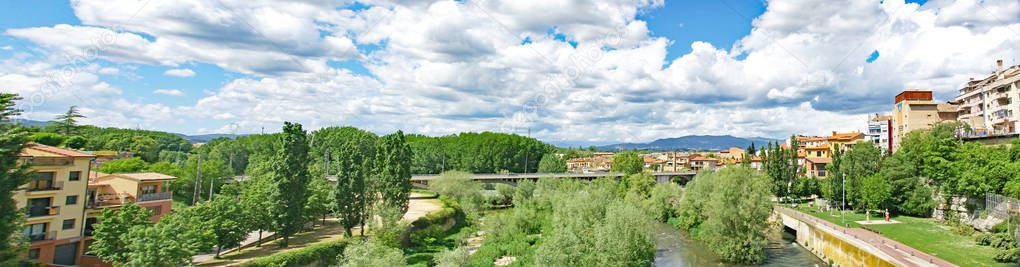 Overview of the river and town of Roda de Ter, in the Osona region, Barcelona; 16:05 p.m .; June 16, 2017; Catalunya, Spain
