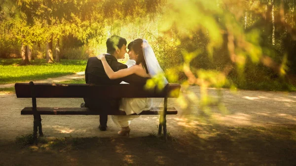 Novia Novio Sientan Banco Parque — Foto de Stock