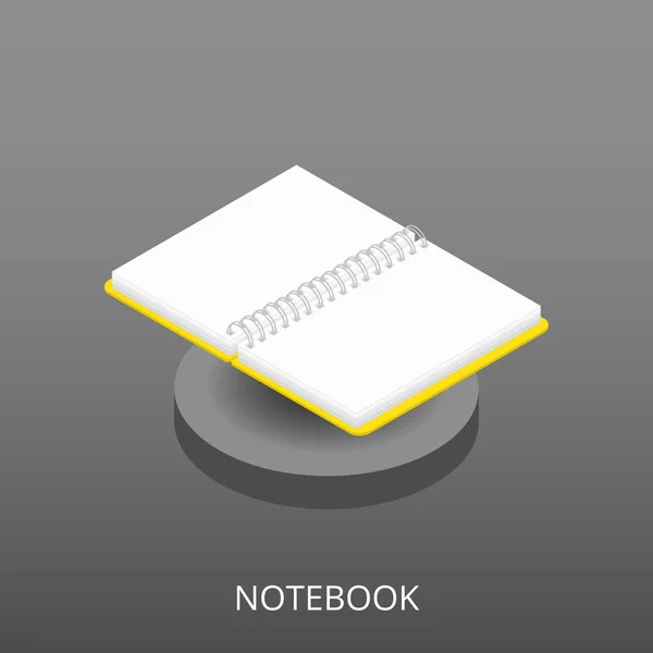 Notebook realista aberto sobre fundo cinza. Ícone isométrico, ilustração de um bloco de notas espiral. Para escola, trabalho, escritório de educação — Vetor de Stock