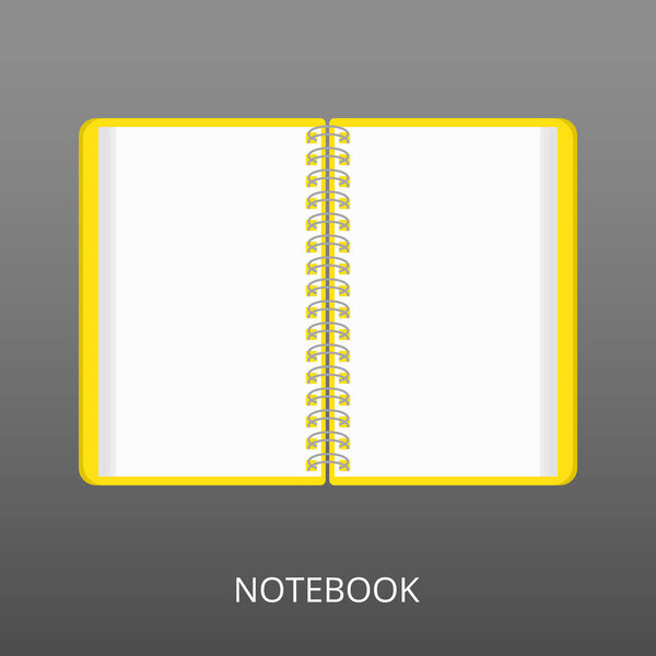 Opened realistic notebook on grey background. Flat icon, vector illustration of a spiral notepad. For school, work, office of education