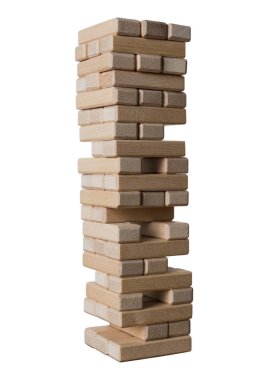 Beyaz arka plan üzerinde izole jenga oyunu için tahta bloklarla kule. Risk ve şey dengede tutmak için strateji kavramı. İş ve inşaat.