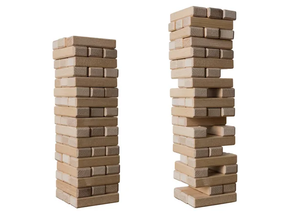 白い背景に分離されたゲームを削除ブロック木製ブロックからタワーします リスクとのバランスを維持する戦略の概念 ビジネスと建設 — ストック写真