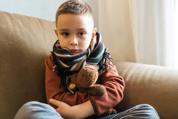 Genç çocuk kazak ve onun oyuncak onun kollarında bir kanepede oturan bir eşarp takıyor. Grip ve mevsimsel hastalıklar kavramı. Ev tedavisi