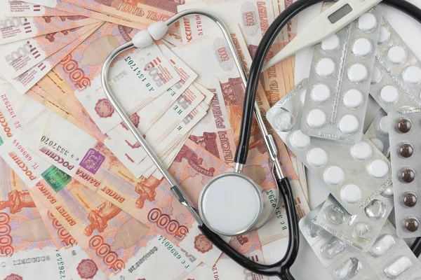 Медицинские Препараты Рублями Концепция Дорогостоящих Лекарств Высокие Цены Таблетки Капсулы — стоковое фото