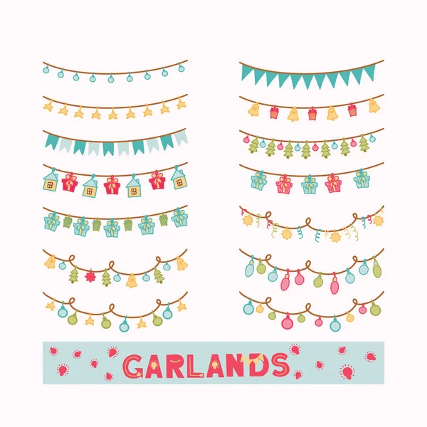 Elle çizilmiş çelenk seti. Bej arka planda dekorasyon için Noel ışıkları. Yıldızlar, Noel ağaçları, çanlar, hediyeler ve ampuller. Vektör illüstrasyon. Reklam, poster, not defteri ve baskılar için.