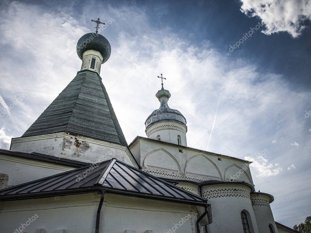 Ferapontov Belozersky Bogoroditsa-Christmas Monastery on a hot sunny day near the village of Ferapontovo, Vologda Region, on Lake Borodaevskoe