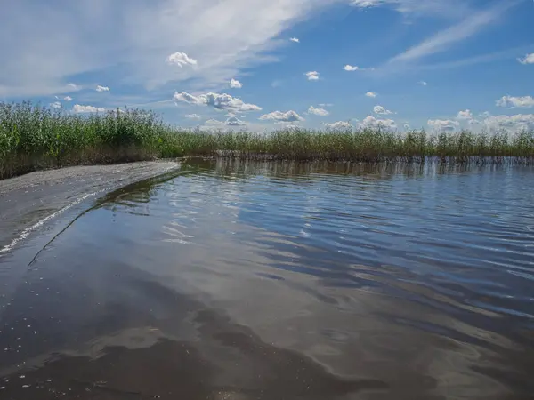 Değiştirilebilir bulutlu parlak güneşli rüzgarlı Ağustos gününde Vozhe Gölü manzarası