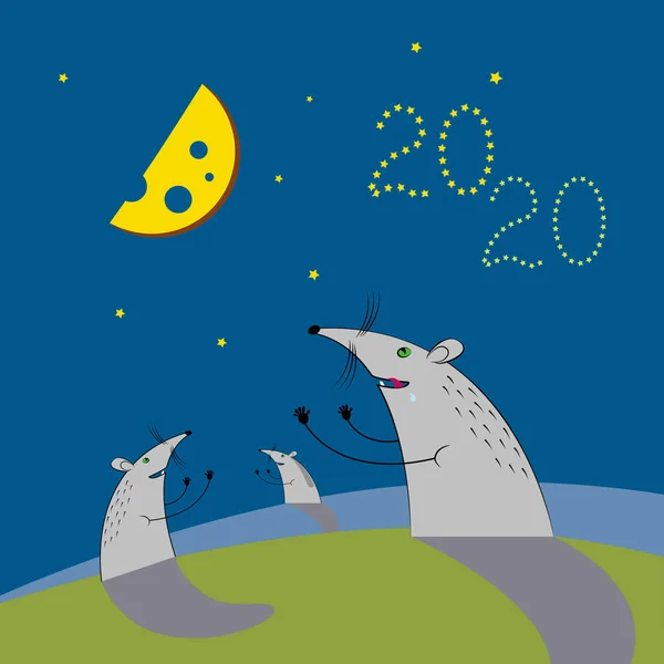 Fareler ay ışığında hilal şeklinde bir peynirde dua ederler. 2020 takvimi için.