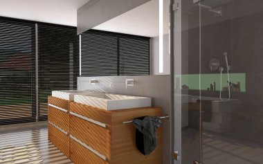 Güneş ışınları, mermer fayans, ahşap mobilya ve modern kozmetik, yer karoları, 3d render ile modern banyo.