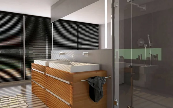 Güneş ışınları, mermer fayans, ahşap mobilya ve modern kozmetik, yer karoları, 3d render ile modern banyo.