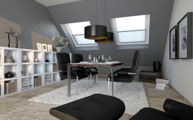 Tavan arasındaki modern yemek odası.