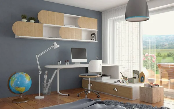 Mavi renkli, tüylü halılı ve geniş pencereli bir çocuk odası.