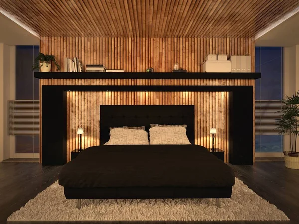 有黑色床上用品的舒适 现代的大卧室 — 图库照片