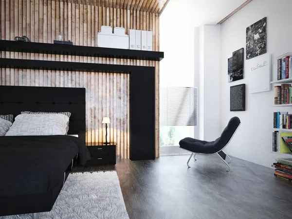 有黑色床上用品的舒适 现代的大卧室 — 图库照片