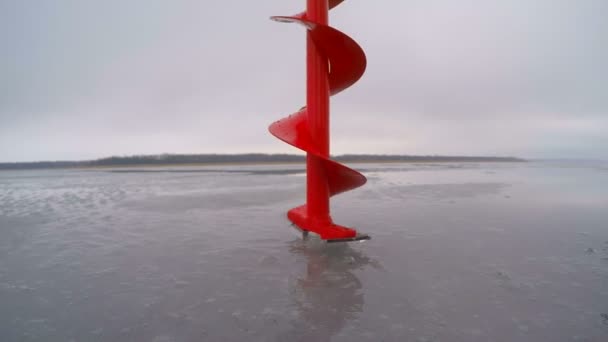 Fisherman Drills Ice Winter Fishing — Stock Video