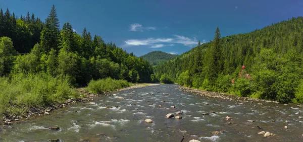 Panoramisch uitzicht op de berg rivier met groen bos, blauwe hemel — Stockfoto
