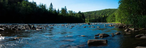 Vista panorâmica do rio azul, montanhas e coníferas verdes — Fotografia de Stock