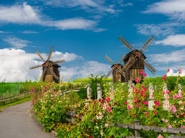 Houten windmolens. Village Vodianiki, Tsjerkasy, Oekraïne — Stockfoto