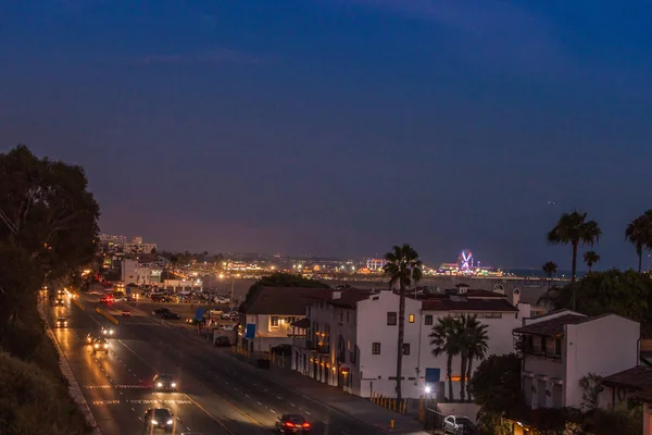 Pier Santa Monica Auto Estrada Pacífico Crepúsculo Parque Diversões Fundo — Fotografia de Stock