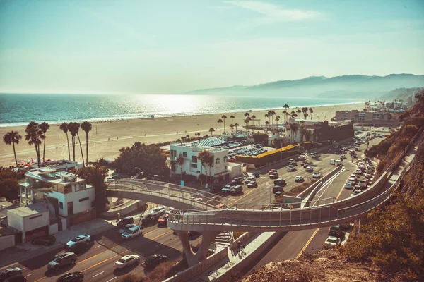 Pôr Sol Santa Monica Vista Praia Oceano Pacífico Rodovia Foco — Fotografia de Stock