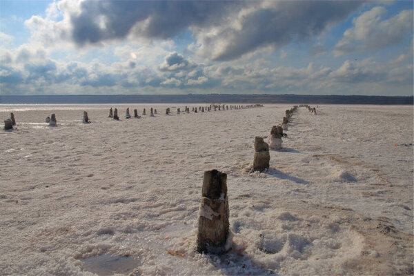 The photo was taken on the estuary near Odessa, called Kuyalnik. The picture shows the remains of a pier on a salt marsh.