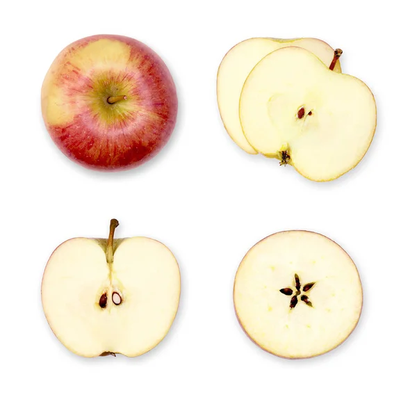 Apple kompozisyon veya düzeni, bütün ve kesilmiş elma. Üstten görünüm, kesit kırmızı elma.