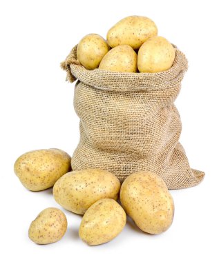 Bir çuvala taze çiğ patates. Madde yemek beyaz arka plan üzerinde izole tutuyordu, dünyevi patates sahne.