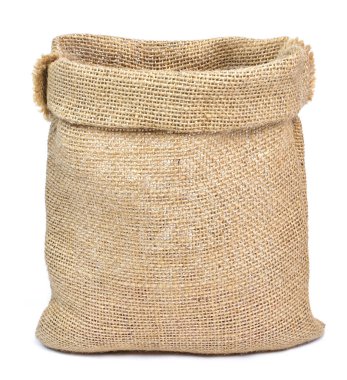 Empty burlap sack or sackcloth bag, isolated on white background. Front view, design element. clipart