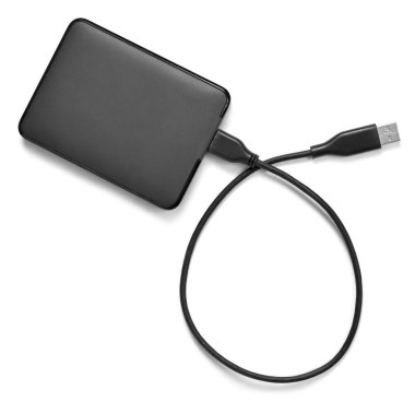 Beyaz arka plan üzerinde izole kablosu, dış sabit disk. Küçük modern sabit sürücü, Pc Güvenlik.