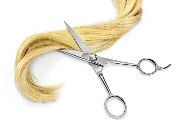 Beautiful Blond Hair Scissors Isolated White Background Long Blonde Hair — Stock Photo, Image