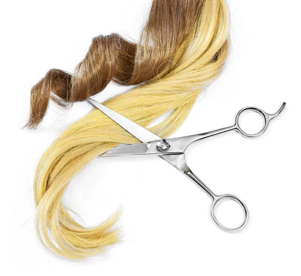 Beautiful Brunette Hair Scissors Isolated White Background Long Brown Hair Stock Picture