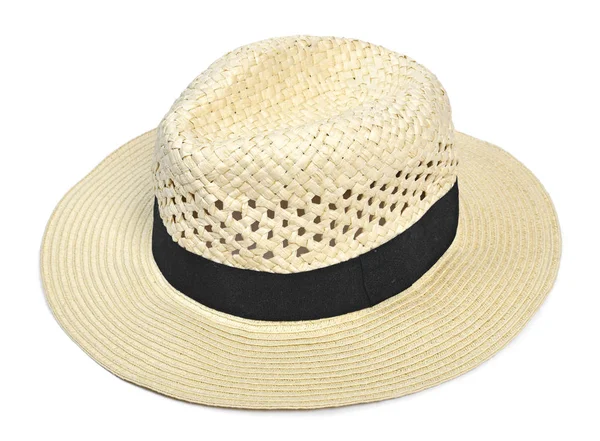 パナマ帽子 黒の帽子のリボンとリボン 白い背景で隔離の伝統的な夏帽子 トップ ビューまたは高角度のビューとオブジェクトをカットします — ストック写真