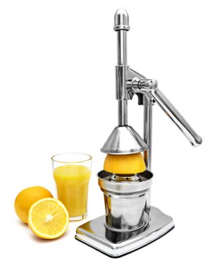 Portakal suyu yandan basın veya juicer, beyaz arka plan üzerinde izole. Paslanmaz çelik veya krom narenciye için tuşuna basın. Sağlıklı yaşam tarzı tema, yalıtılmış nesne.