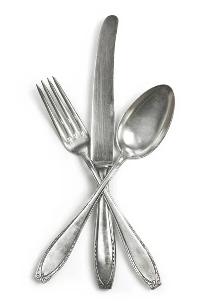 Vintage Cutlery Silverware Old Silver Cutlery Isolated White Background Top — Stock Photo, Image