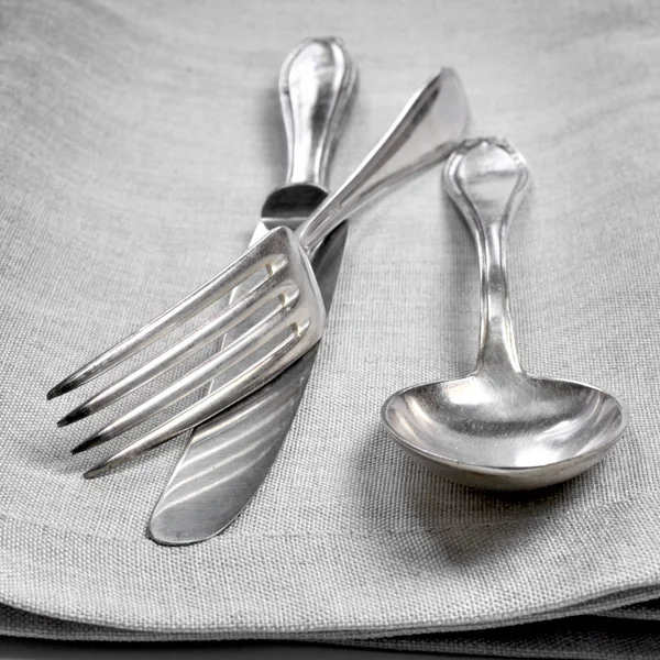 Vintage Cutlery Silverware Old Silver Cutlery Cloth Serviette Background Top — Stock Photo, Image
