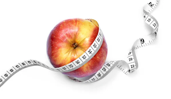 Măsurați Banda Mărul Roșu Dieta Sau Tema Pierdere Greutate Izolate — Fotografie, imagine de stoc