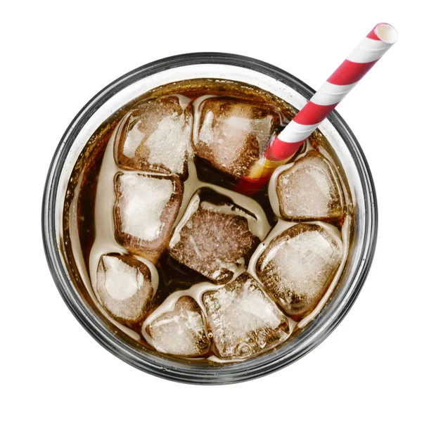 Cam, üstten görünüm veya yüksek açısı buz ve içme saman, Coca Cola shot taze kola izole beyaz arka plan üzerinde.
