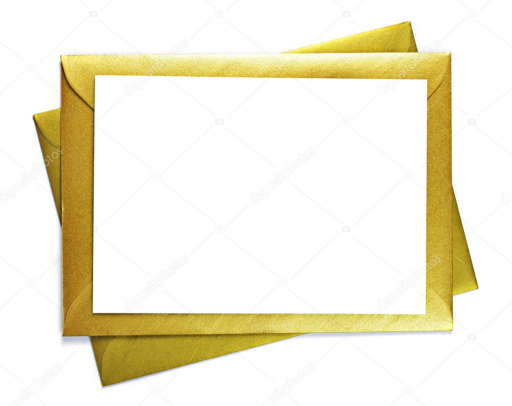Golden envelope and white card with copy space, isolated on white background. Shiny gold envelope, greeting card or invitation mailing.