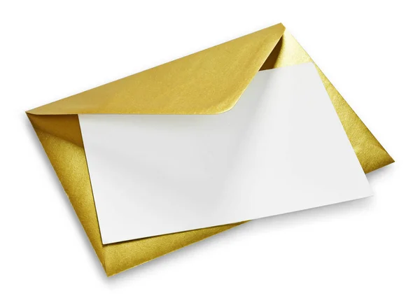 Envelope Dourado Cartão Branco Com Espaço Cópia Isolado Fundo Branco — Fotografia de Stock