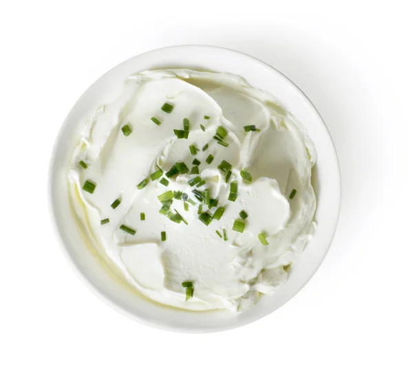 Smetanový Sýr Tvaroh Nebo Jogurt Bílé Míse Mléčný Výrobek Čerstvými — Stock fotografie