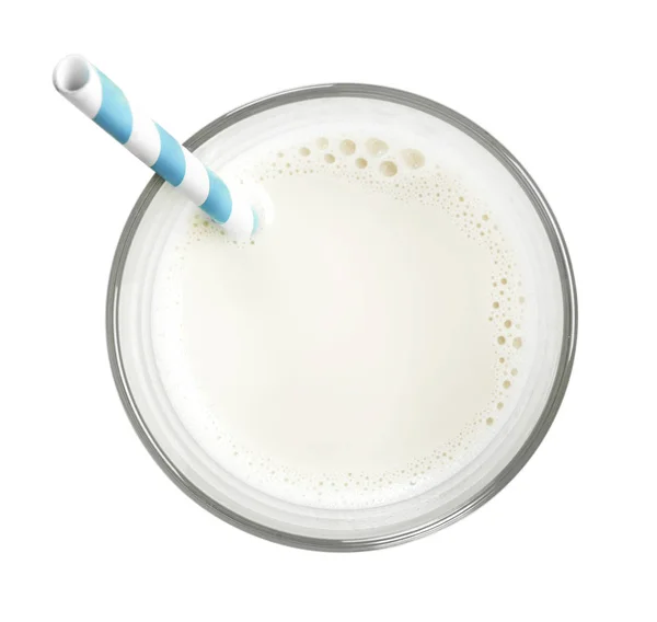 Glas Van Verse Melk Met Het Drinken Van Stro Geïsoleerd — Stockfoto