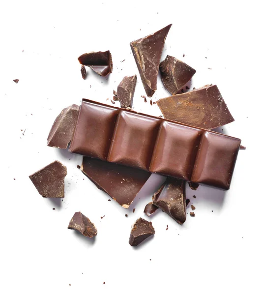 一片黑巧克力 在白色背景上被隔离 美味的苦味巧克力 顶视图或高角度拍摄 — 图库照片